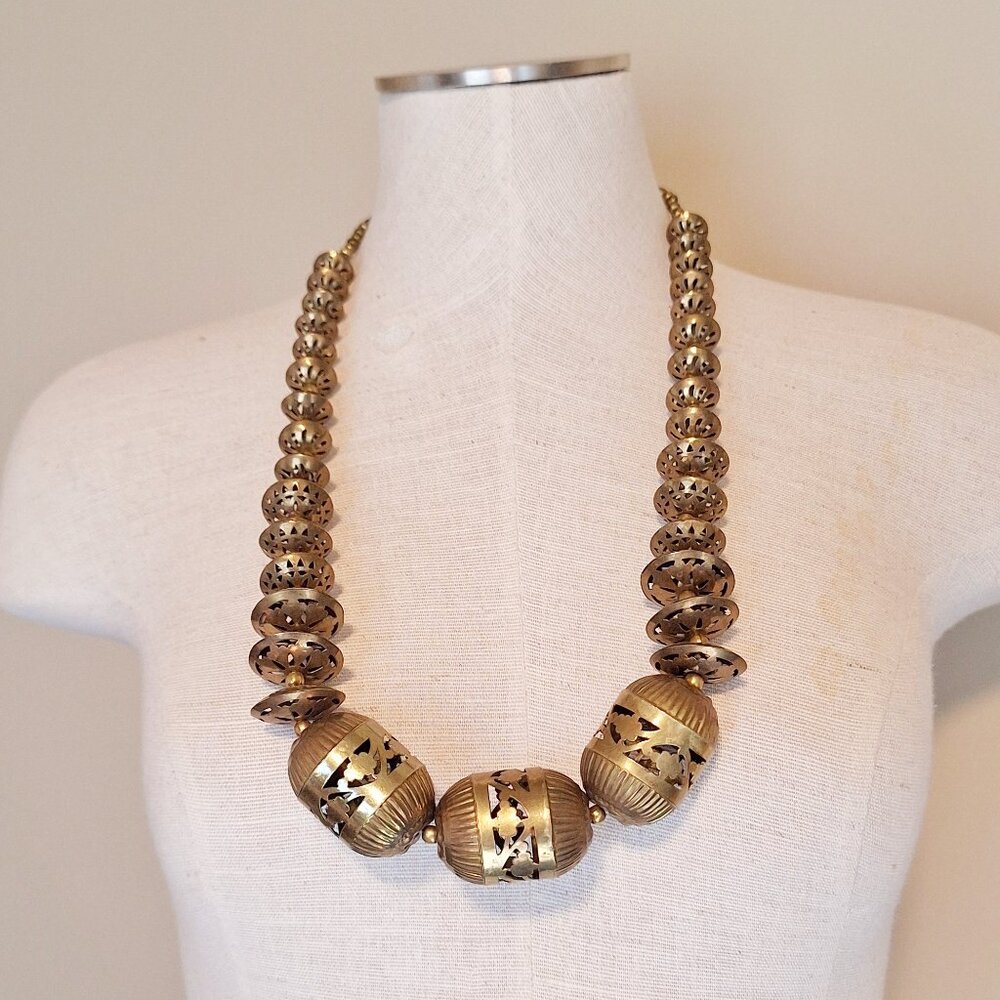 VTG Graduated Brass Open Work Metal Bead Necklace Exotic Statement Necklace